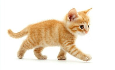 Obraz premium Adorable ginger kitten in profile view, walking gracefully against a plain white background. Small, fluffy, and alert
