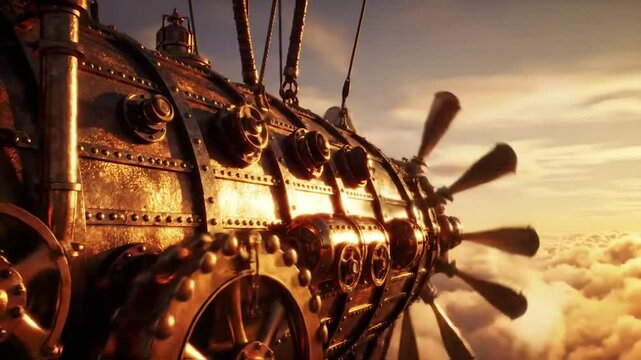 Steampunk airship adventure with brass gears at sunset. Vintage futuristic dirigible with mechanical details flying. Retro-futuristic flying machine with intricate clockwork design.