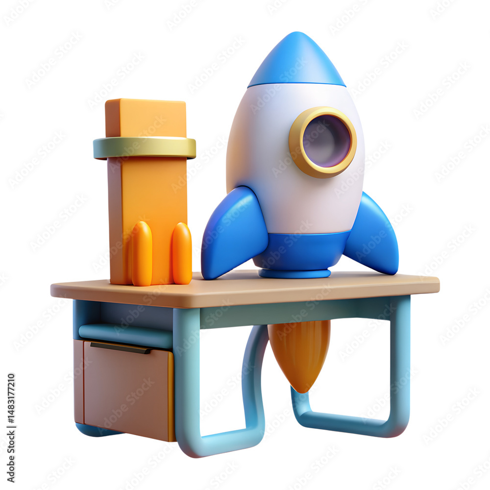 Poster a colorful 3d rendering icon of a rocket and another shaped icon on a desk representing concept of g
