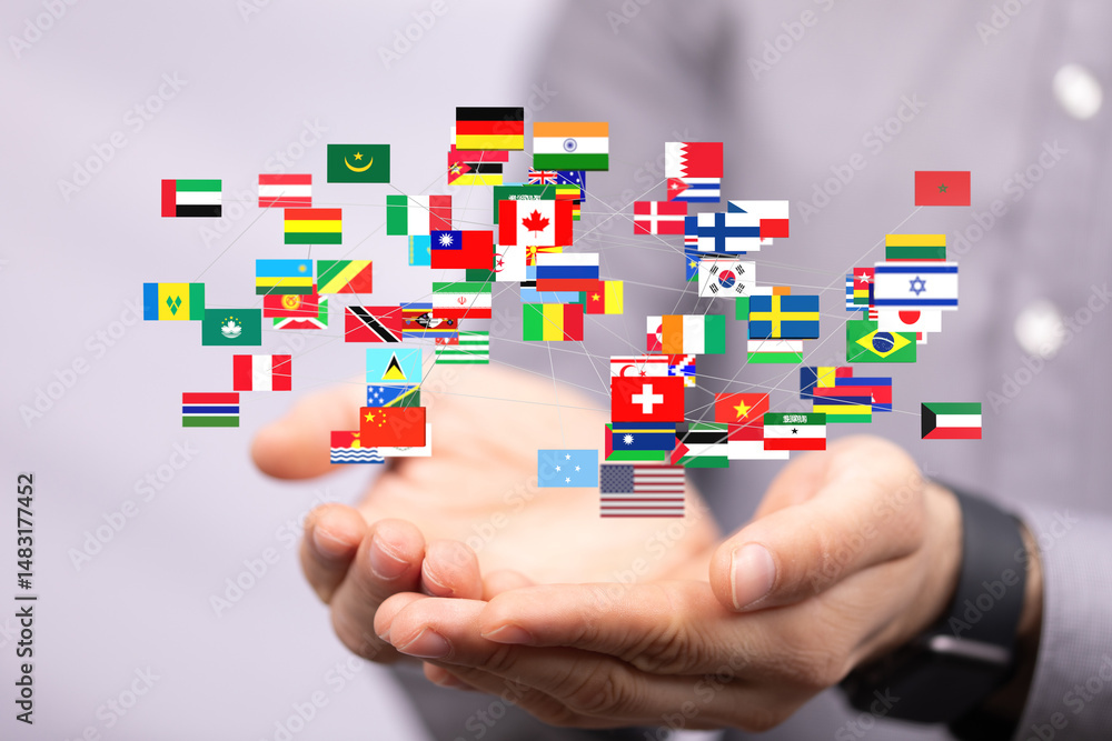 Fototapete Image of interconnected world flags, symbolizing global collaboration and networking.