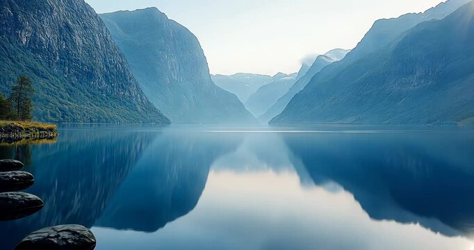 Low angle static shot: A serene lake reflects majestic mountains in a tranquil valley.