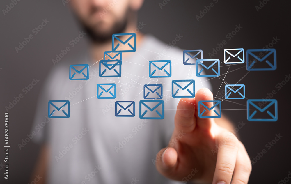 Poster Person interacts with a digital network of email icons, representing global communication and interconnectedness.