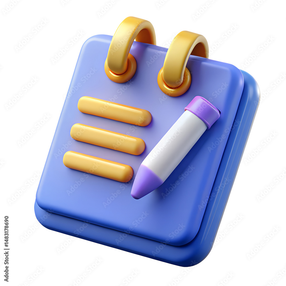 Poster colorful 3d rendered illustration of a notebook with a pen representing notes and tasks for digital 