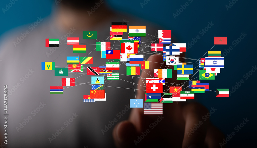 Poster Image of interconnected flags representing global collaboration and networking.