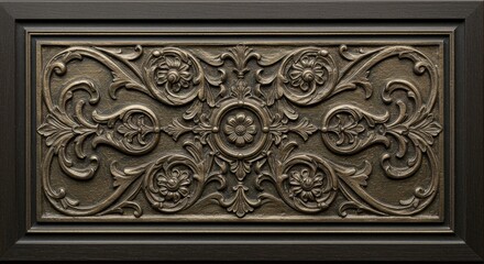 Antique Floral Relief Panel Framed Artwork - Elegant bronze floral design, ornate details, metallic patina finish, framed artwork, classic . Symbolizing: luxury, artistry, heritage, sophistication
