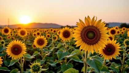 Fototapeta premium a serene sunset over an expansive field of ripe golden sunflowers