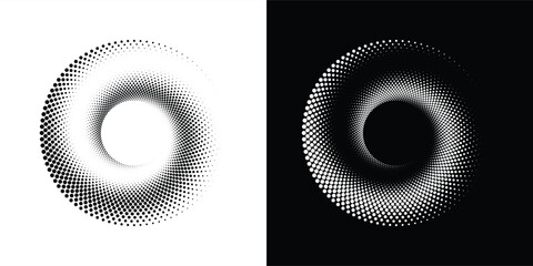 Modern abstract background. Halftone dots in circle form. Spiral logo, icon or design element. Black dots on a white background and white dots on the black side dotted arts