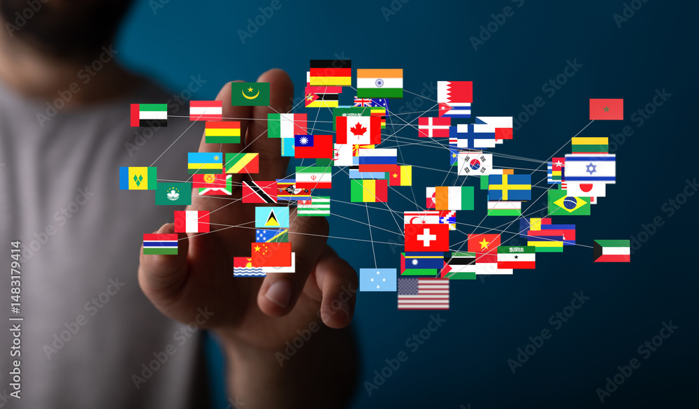 Poster image of interconnected flags symbolizing global communication, business, and collaboration.