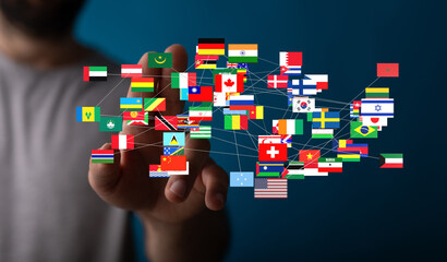 Image of interconnected flags symbolizing global communication, business, and collaboration.