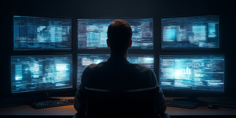 Man at high-tech station with digital blue data streams