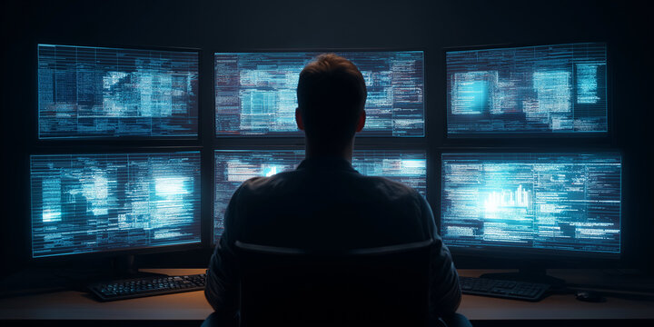 Man at high-tech station with digital blue data streams