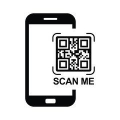 Top-down view of a centered black smartphone silhouette with QR code and bold "SCAN ME" text. Minimalist flat design in black and white, sans-serif font. Neutral, functional for scanning instructions.