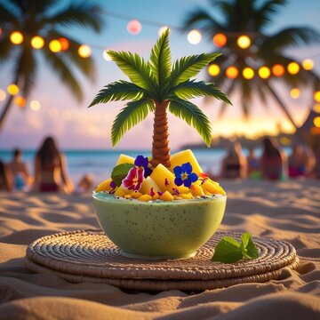 Tropical summer island paradise with palm trees, sun, sand, and refreshing fruit by the ocean
