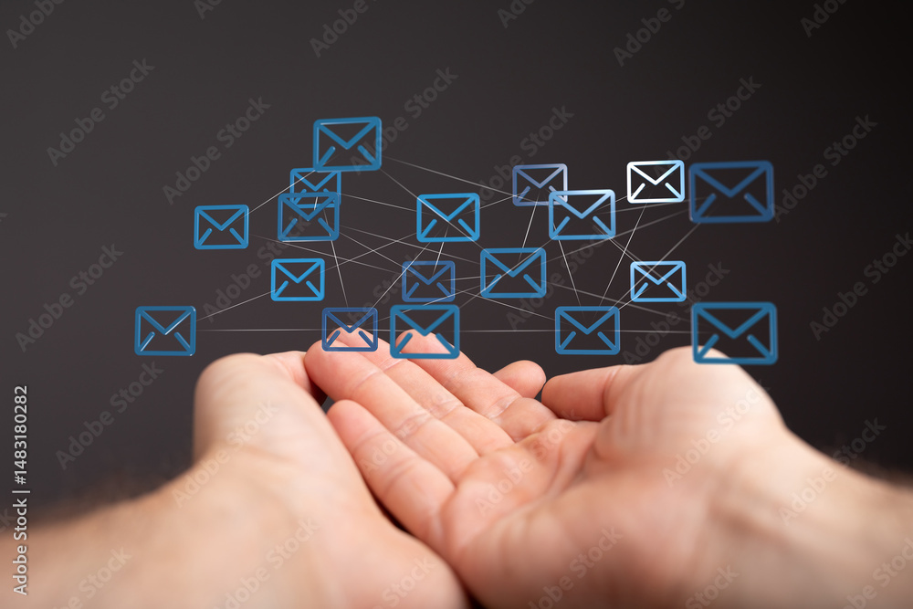 Poster Image of interconnected email icons above hands, symbolizing global communication and networking.