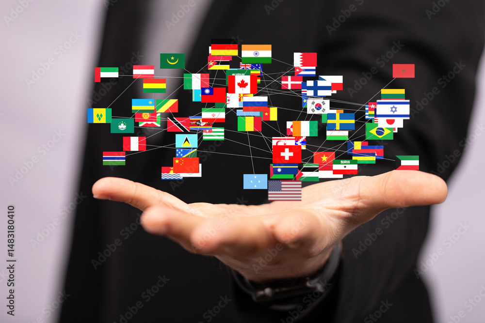 Poster image of interconnected flags representing global connections and international business.