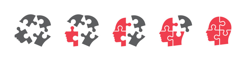 Set of human heads with puzzles icons. Puzzle human face, mental health, logical thinking, idea, business, business project. Vector.