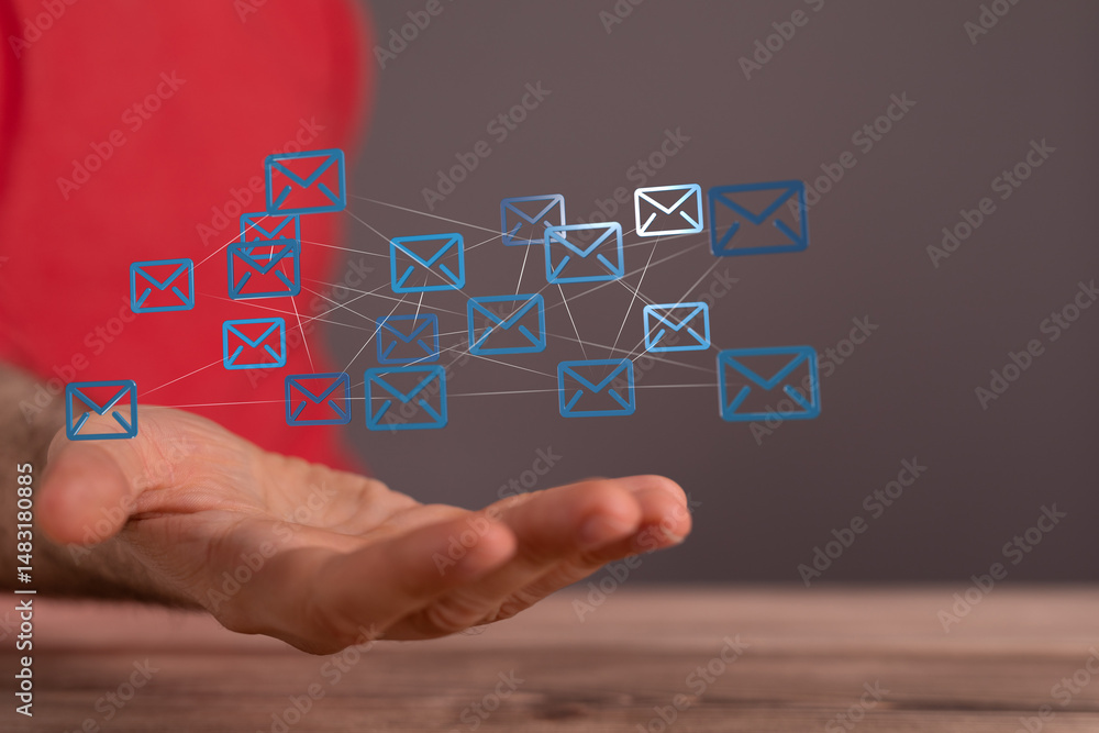 Poster hand holding digital email network. concept of global communication and connection.