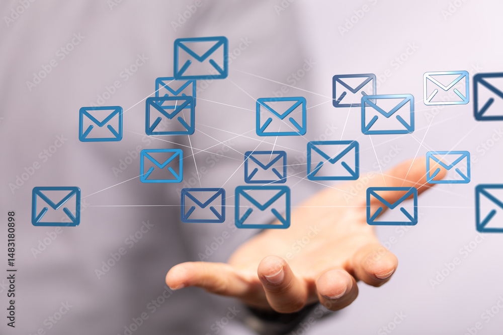Poster hand holding network of email icons. digital communication, global connectivity, and networking conc