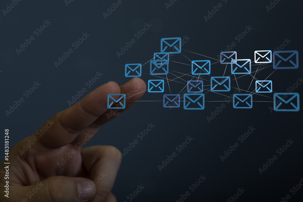 Poster Hand interacting with a network of email icons, representing global communication and connectivity.