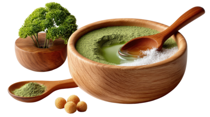 Wooden Bowl of Green Goodness: A close-up studio shot reveals a wooden bowl brimming with a vibrant green substance, complemented by a wooden spoon, accompanied by green elements and sphere.