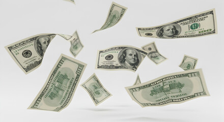 Floating Hundred Dollar Bills Symbolizing Financial Prosperity and Wealth on White Background in a Studio Setting