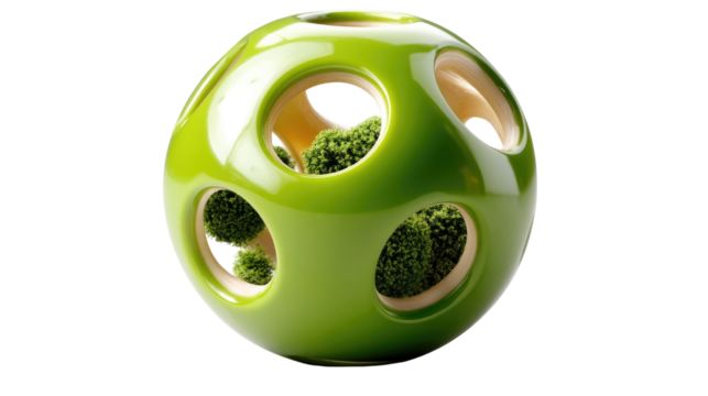 Green Ceramic Sphere with Moss: A modern, minimalist sphere crafted from green ceramic, punctuated by circular openings revealing patches of lush green moss within. The sphere's smooth.