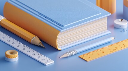 Pastel-colored school supplies, including a book, pencils, and rulers