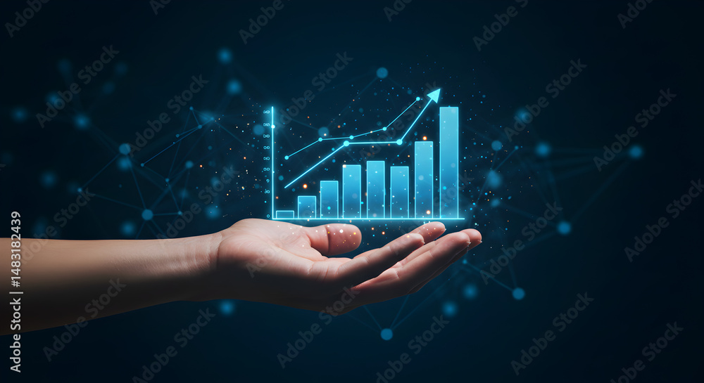 Poster glowing blue financial growth graph hovering above an open palm on dark technological background