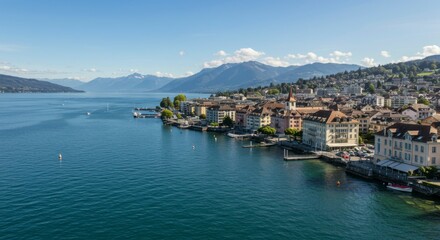 Lakeside town panorama, sunny day