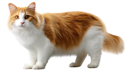 Kurilian Bobtail Cat Portrait: A stunning Kurilian Bobtail cat, with its characteristic short, fluffy tail and striking bicolour coat, stands elegantly against a plain background.