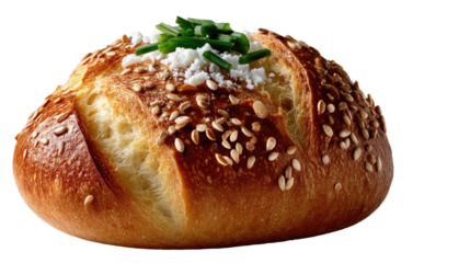 Sesame Seed Bun with Chives: A golden-brown sesame seed bun, freshly baked, is adorned with a sprinkle of grated cheese and fresh chives. Its crust appears crisp, and the inside is soft and fluffy.