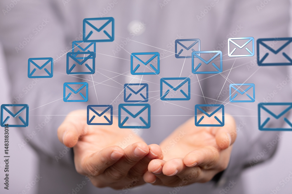 Aufkleber image of hands holding a network of email icons, representing global communication and connectivity.