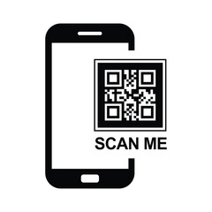 Top-down view of a centered black smartphone silhouette with QR code and bold "SCAN ME" text. Minimalist flat design in black and white, sans-serif font. Neutral, functional for scanning instructions.