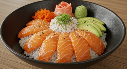 Bowl of colorful rice topped with sliced salmon, avocado, and other garnishes