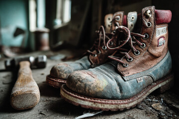 Old boots and shoe on cobblestone path, surrounded by fallen leaves. A nostalgic scene evoking memories of journeys taken and adventures shared.