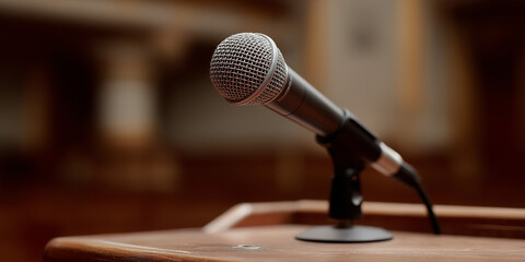 Obraz premium Close-up of microphone on wooden podium in formal speech setting 