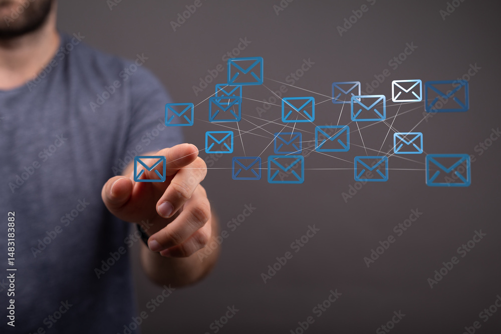 Poster hand interacting with a network of email icons. concept for communication, networking, and global re