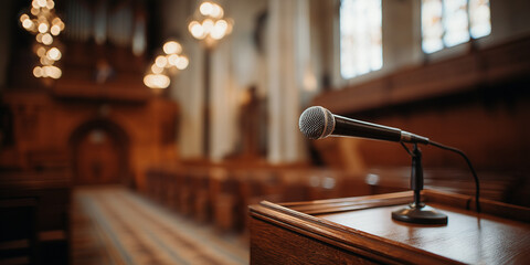Microphone on courtroom podium in historic wood-paneled justice hall
