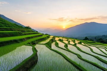 Serene Sunset over Lush Rice Terraces