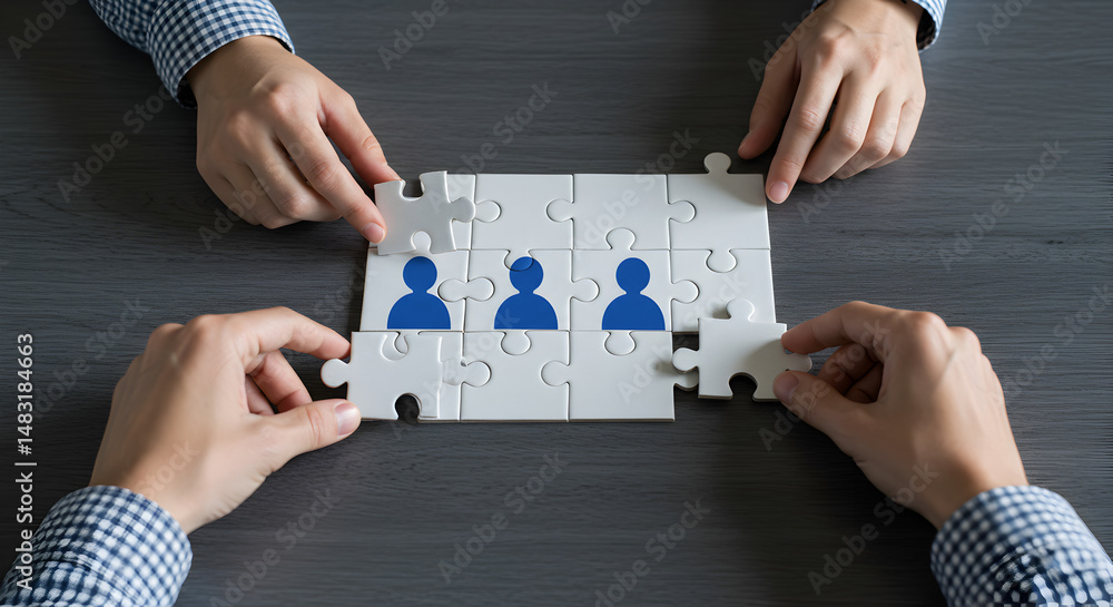 Poster hands assembling jigsaw puzzle with blue figures symbolizing teamwork and collaboration on dark text