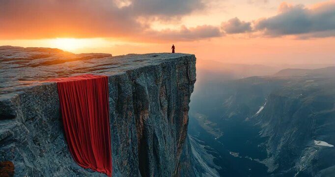 A woman in a red dress stands on a cliff edge at sunset, overlooking a vast valley.