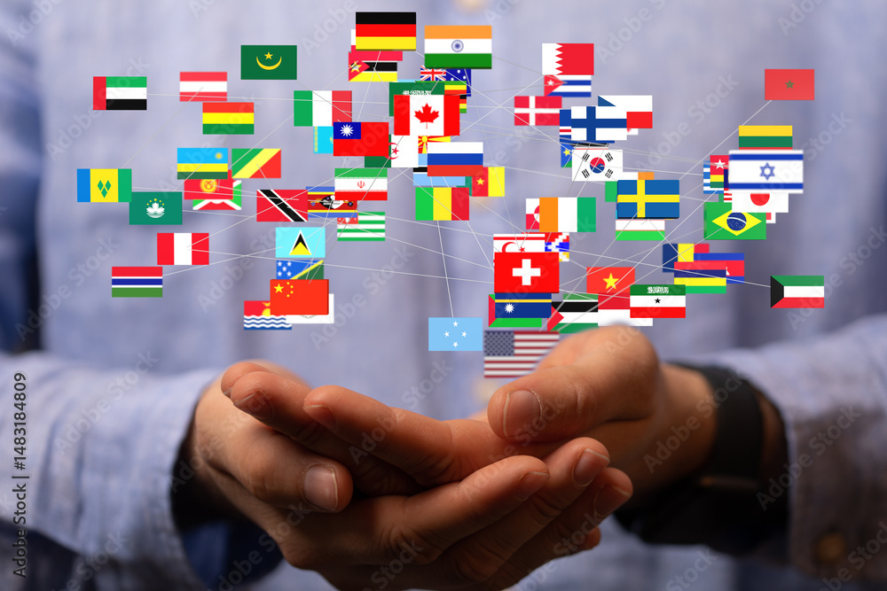 Poster image of hands holding a network of interconnected world flags, symbolizing global connections and i