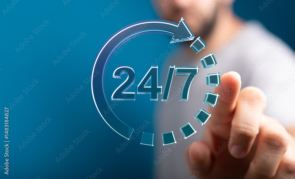 Poster person interacting with a digital 24/7 icon, symbolizing constant support and service.