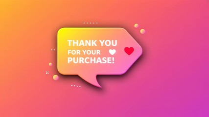 Colorful speech bubble graphic expressing gratitude for a purchase, with a heart symbol and vibrant background