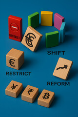 Hyper-Realistic Abstract Tabletop Scene with Wooden Cubes and Colored Dominoes on Vibrant Blue Background, Representing Currency Restrictions and Economic Shifts, Featuring Banned Euro Symbol