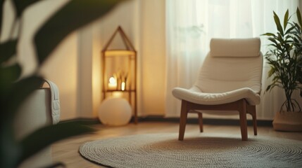 Calm session setting with therapist and chair, clean background