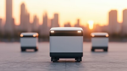 Autonomous delivery robots move across an urban landscape at sunrise, highlighting innovation in smart city logistics.