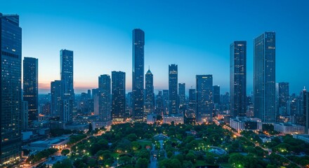 Fototapeta premium Cityscape Dawn: Urban Skyline Panorama - A captivating urban scene at dawn, showcasing a city skyline, lush green park, modern architecture, and vibrant city lights. Symbolizing growth, nature