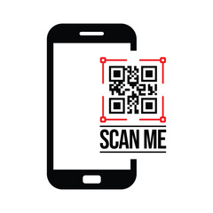 Top-down view of a centered black smartphone silhouette with QR code and bold "SCAN ME" text. Minimalist flat design in black and white, sans-serif font. Neutral, functional for scanning instructions.