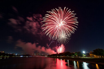 Photograph of a fireworks display over a body of water at night.